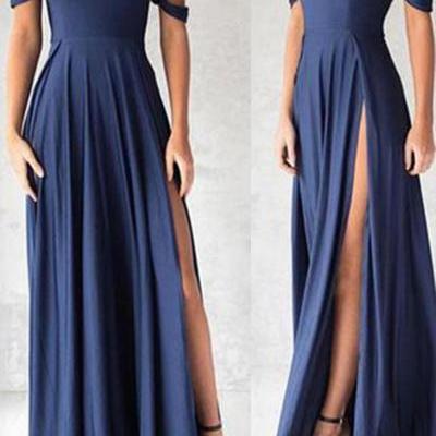 Sexy Blue chiffon off-shoulder sweetheart A-line long prom dress,simple evening dress