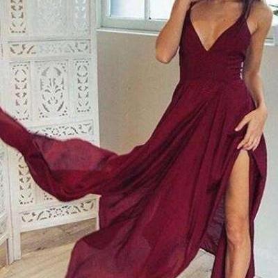 Beautiful Prom Dresses,Charming V Neck Evening Dress,Sexy Party Gownm, Split Side Evening Dresses,Backless Long Party Gown 