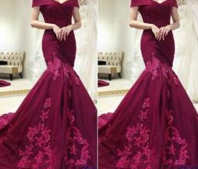 Charming Lace Appliques Burgundy Off Shoulder Mermaid Formal Long Prom ...