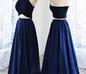 A Line Halter Blue Two Piece Satin Beadings Prom Dress LBQ4166 main image 1