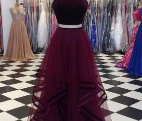Two Pieces A-line O-neck Prom Dresses,long Prom Dresses, Prom Dresses ...