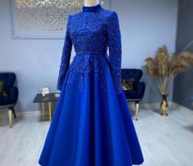 Modest Blue Prom Dresses Lace Emroidery Evening Dress M2636 on Luulla