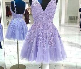 Purple V Neck Tulle Lace Short Homecoming Dress, Lace Cocktail Dress main image 0