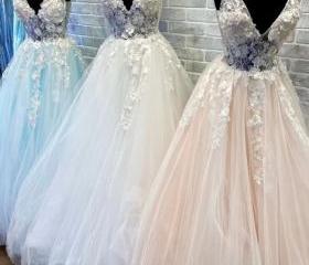 A Line V Neck Tulle Lace Prom Dress Evening Dress on Luulla