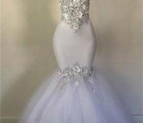 Sweet White Mermaid Halter Top With 3D Petal Tulle Prom Dress Evening Dress cc4885
