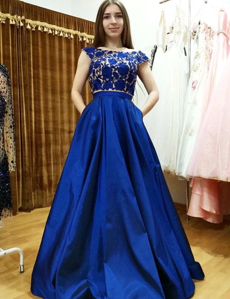 Modern Two Piece Bateau Cap Sleeves Floor Length Royal Blue Prom Dress With Appliques Pockets