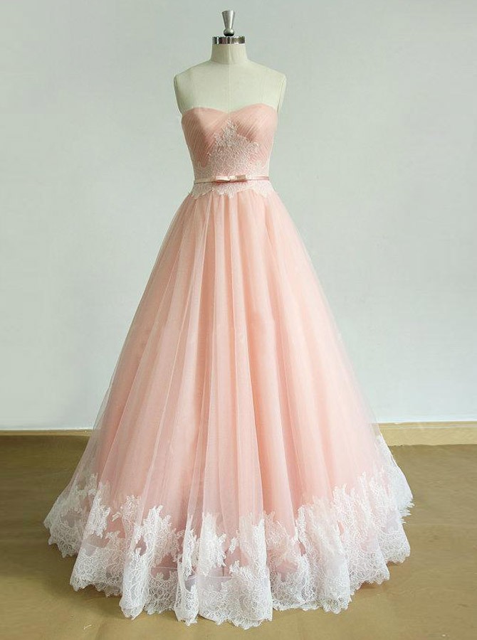 Chic Sweetheart Lace Sweep Train Pink Ruched Prom Dress With Sash