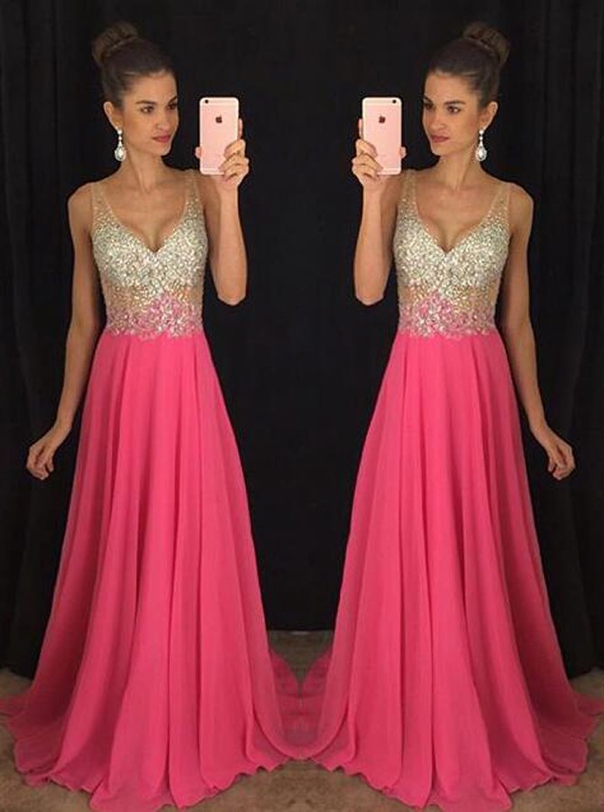 Trendy V-neck Sweep Trian Rose Pink Prom Dress With Beading