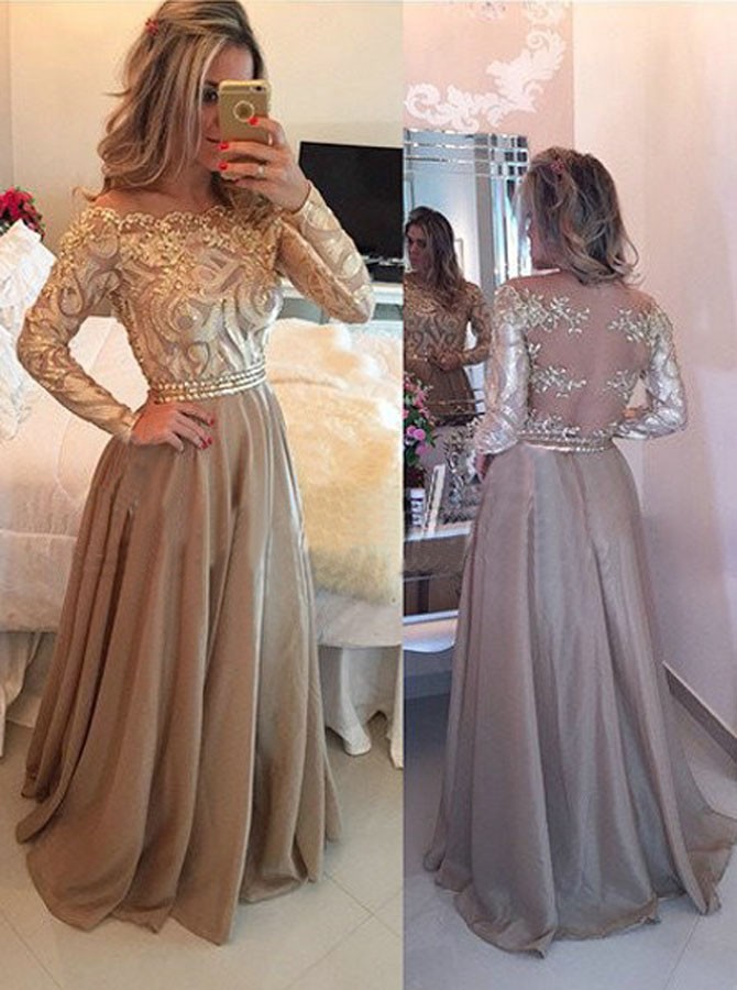 Selling Luxurious Cowl Gold Long Sleeves Prom Dress