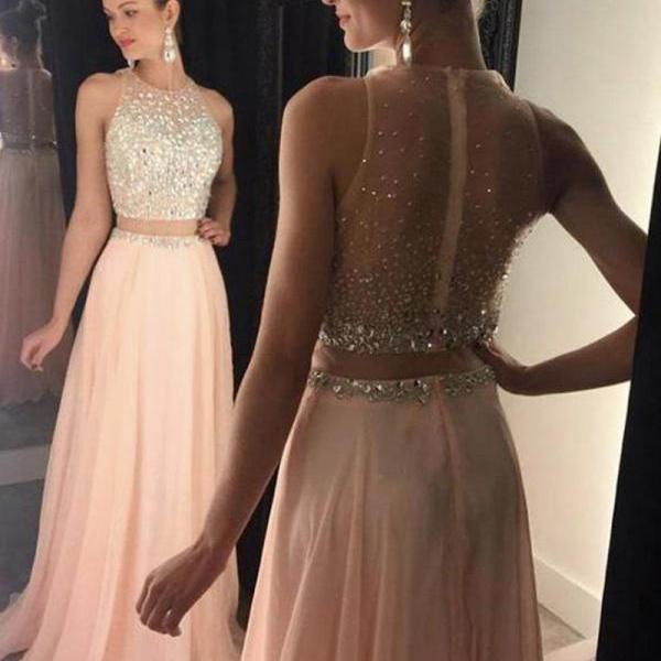 Two Piece Prom Dresses, Pink Prom Dressess, Chiffon Prom Dresses , Prom Dresses