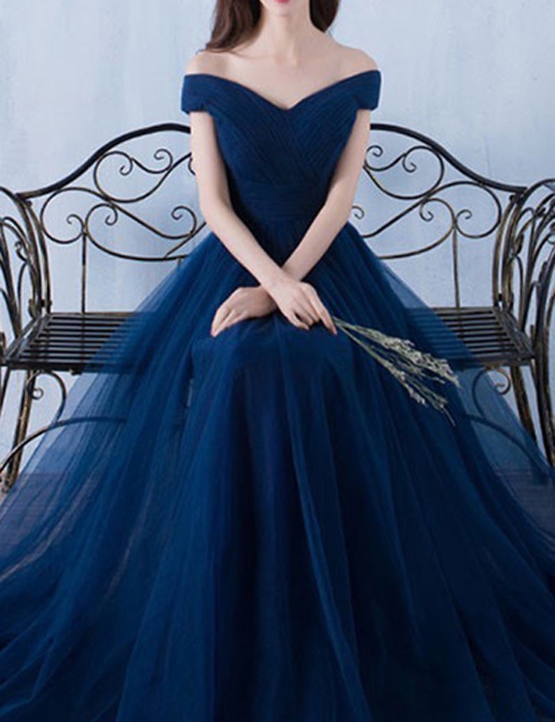 Generous Off The Shoulder Prom Dress Navy Blue Prom Dress With Pleats