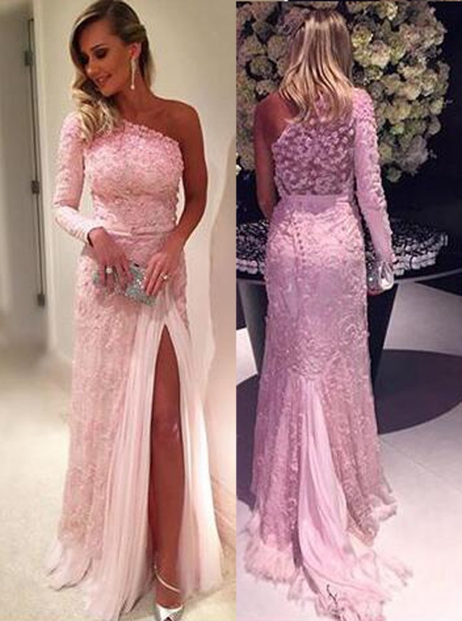 Stylish One Shoulder Long Sleeve Sweep Train Pink Lace Prom Dress