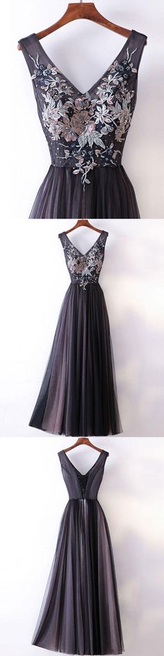 Princess/a-line V-neck Dark Grey Simple Long Prom Dresses M0006