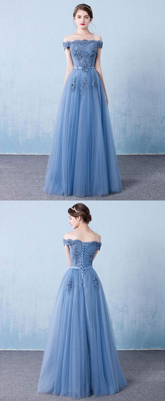 Blue Tulle Lace Off Shoulder Long Prom Dress, Bridesmaid Dress, M00020