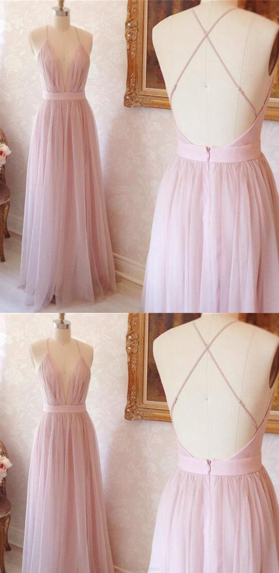 Pink Prom Dresses, Long Prom Dresses, A-line V-neck Long Pink With Criss Cross Back Prom Dress Evening Dress M00023