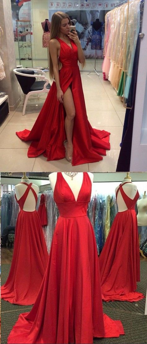 A-line Sexy Slit V-neckline Red Prom Dress,m00088