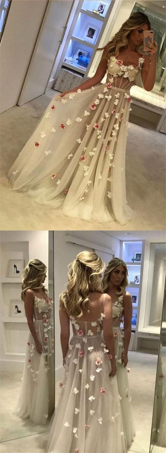Beautiful A-line Floor-length Flower Prom Dresses,sexy White Evening Dress,m00098