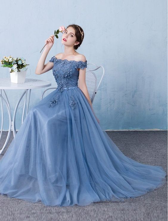 Blue Tulle Lace Off Shoulder Long Prom Dress, Bridesmaid Dress M000107