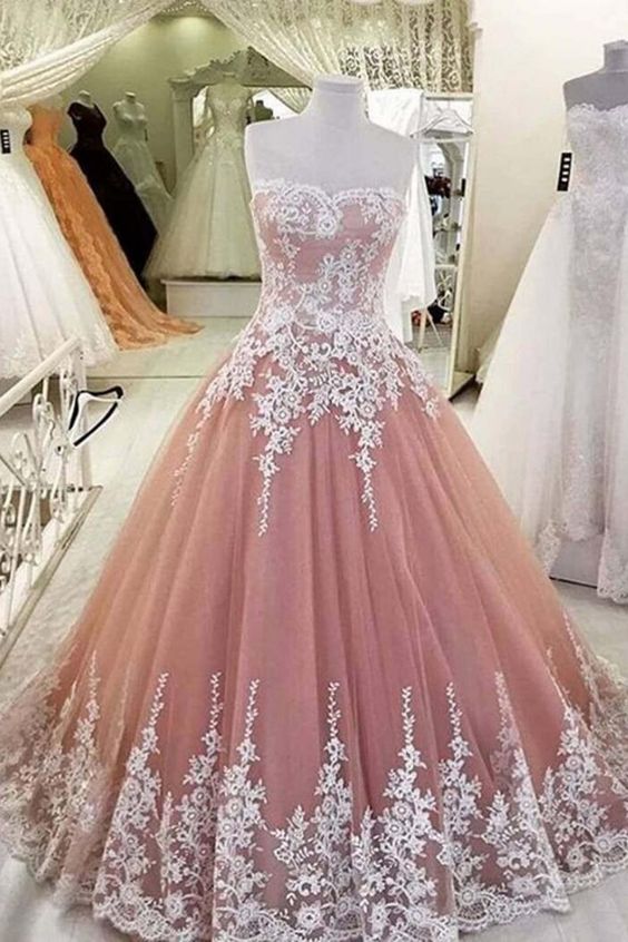 Pink Organza Sweetheart Lace Applique A-line Long Prom Dresses,strapless Dress M000108