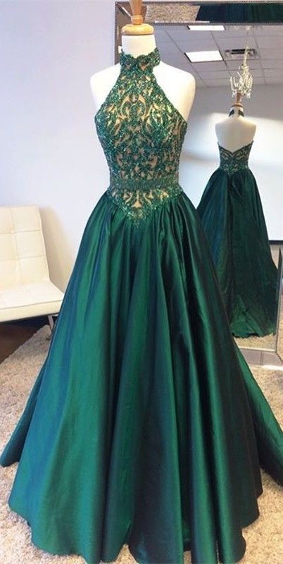 Elegant Halter Sweep Train Hunter Prom Dress With Lace Beading M000109 ...