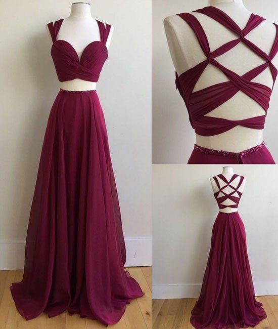 A-line Two-piece Burgundy Chiffon Long Prom Dress Evening Gowns For Women Party Dress M000122