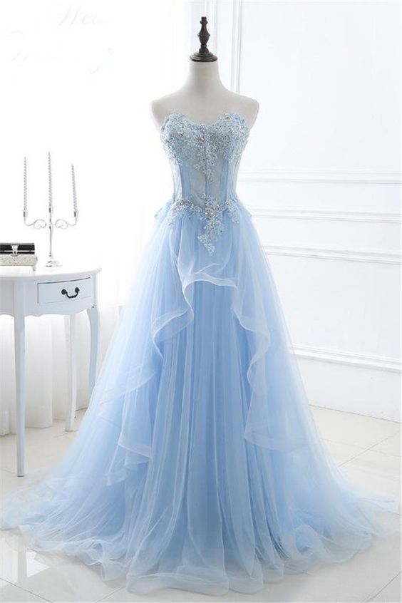 A Line Sweetheart Corset Light Blue Tulle Ruffle Applique Beaded Prom Dress M000123