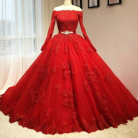 Red Prom Dress, Ball Gown Prom Dress, Long Sleevev Red Wedding Dress, Real 2016 Delicate Red Ball Gown Quinceanera Dresses, Prom