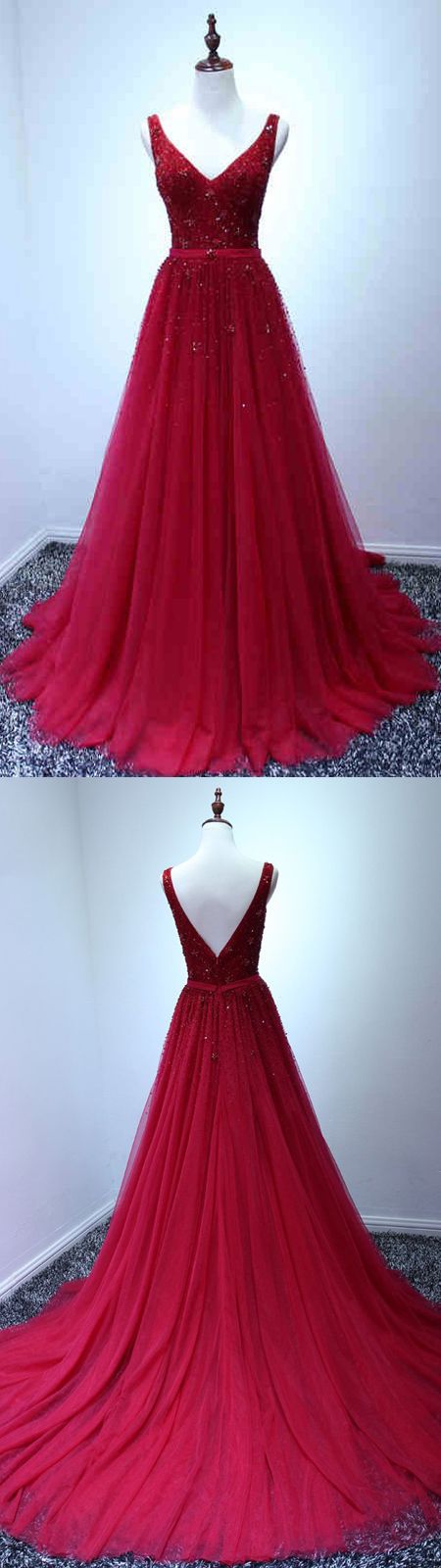 Glamorous A-line V-neck Red Tulle Long Prom Dress With Beading M000199