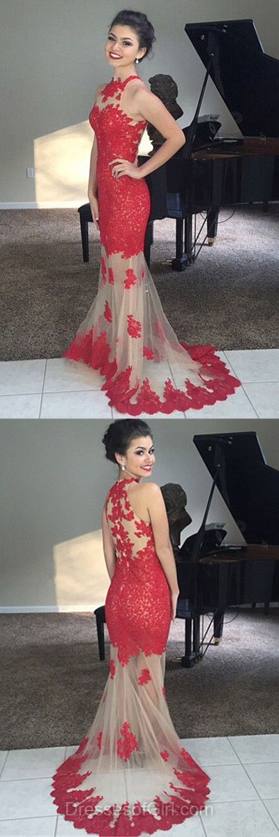 Sleeveless Lace Prom Dress With See-through Mermaid Skirt, High Neck Illusion Neckline Prom Dresses With Red Lace Applique M000204