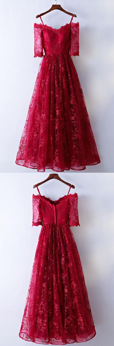 Pretty Burgundy Half Sleeve Lace Prom Dress,lace Evening Dress M000242