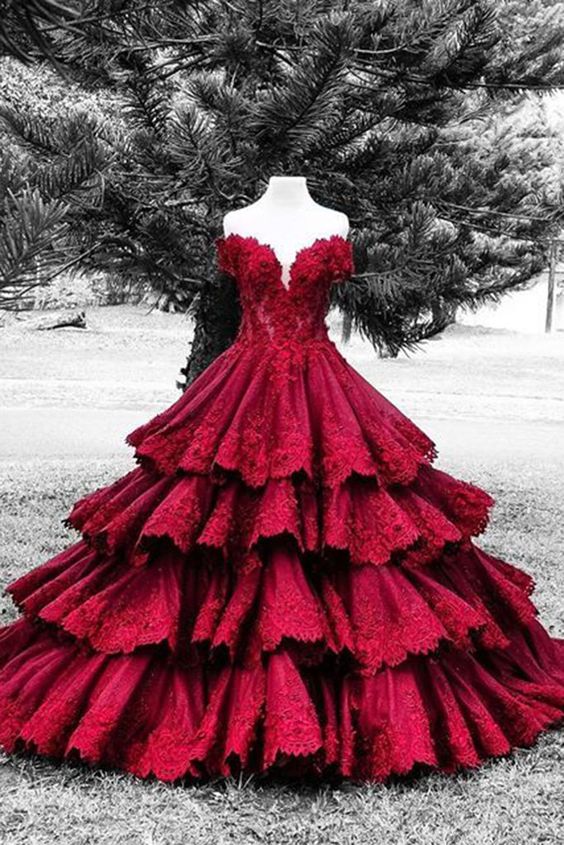 Gorgeous Red Lace Sweetheart Satins Handmade Flowers A-line Long Ball Gown Dresses M000247