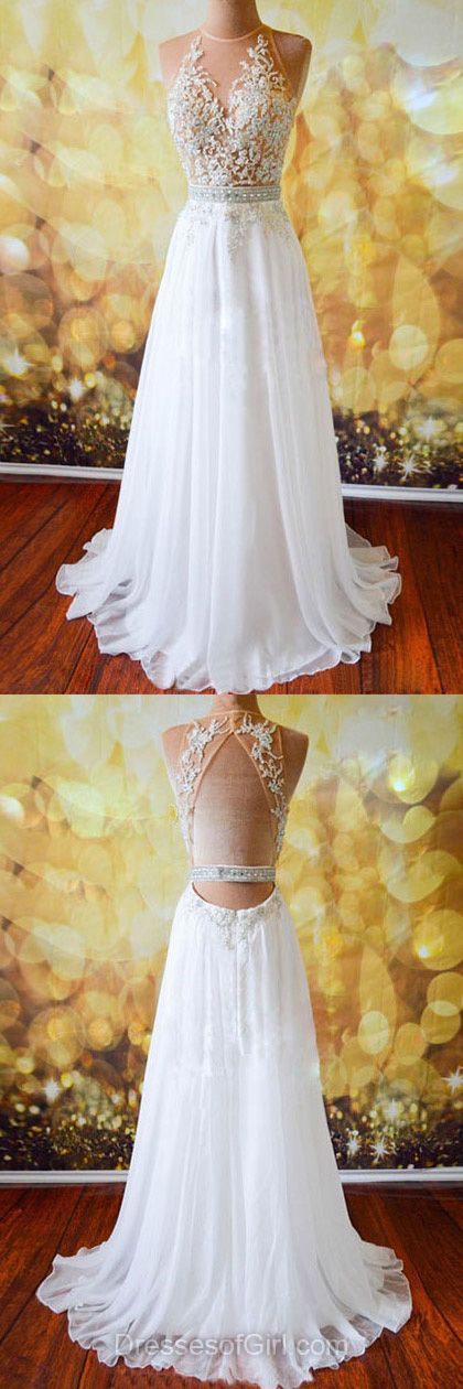 White Chiffon Tulle Appliques Lace Sweep Train Sexy Open Back Prom Dresses M0260