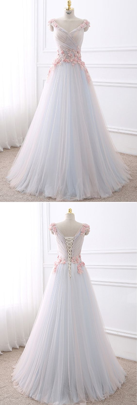 White Tulle V Neck Long Flower Sweet 16 Prom Dress M0275