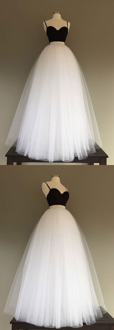 Simple White/black Tulle Two Pieces Long Prom Dress, Evening Dress M0294