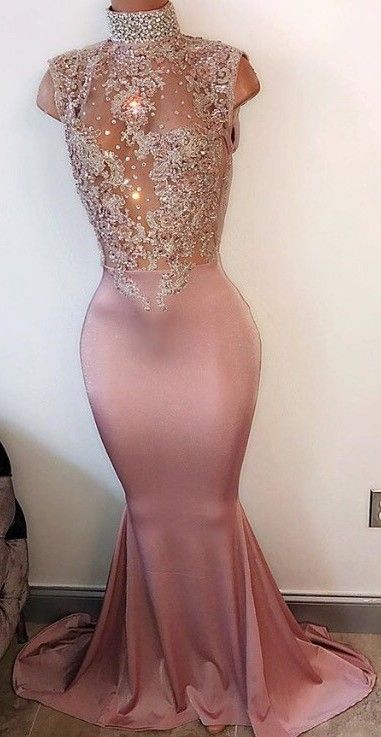 Pearl Pink Mermaid Prom Dresses High Neck Sleeveless Lace Appliques Evening Gowns M0303