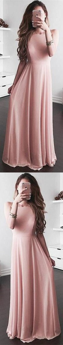 A-Line Square Sleeveless Floor-Length Blush Chiffon Prom Dress With ...