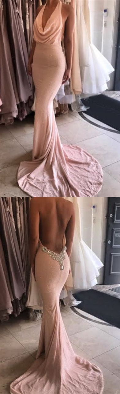 Mermaid Halter Sweep Train Backless Pink Lace Prom Dress With Beading M0310