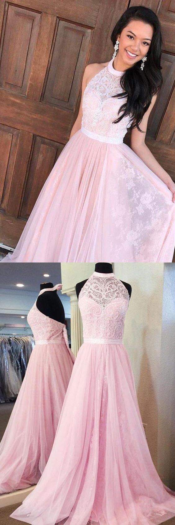 A-line Halter Floor-length Pink Tulle Prom Dresses With Sash Lace M0316