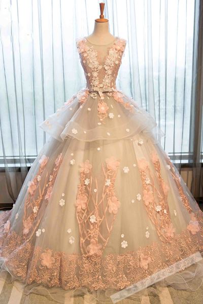 Champagne Organza Lace Applique Round Neck Handmade Prom Dress,ball Gown Dress For Teens M0334