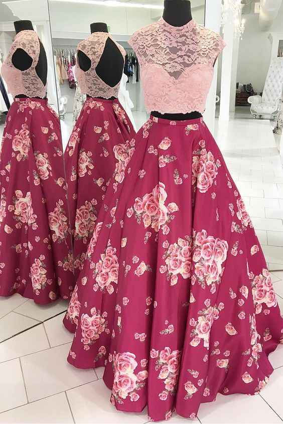 Two Piece Pink Floral Long Prom Dress M0359