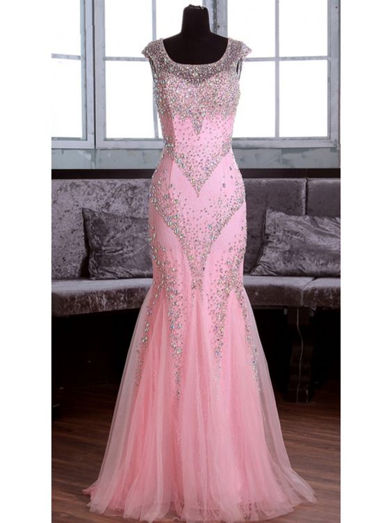 Long Pink Beaded Mermaid Lace Tulle Prom Dresses Party Evening Gowns M0362