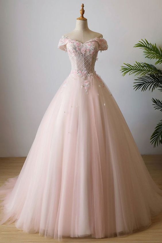 Unique Pink Off Shoulder 3d Flower Long Prom Dress, Tulle Beaded Evening Dress M0372