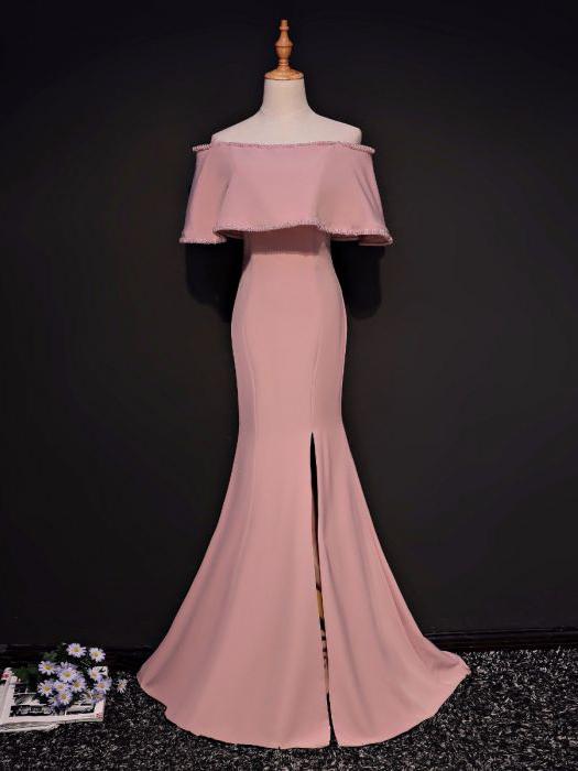 Simple Trumpet/mermaid Off-the-shoulder Floor Length Pink Satin Prom Dress Evening Dress M0384