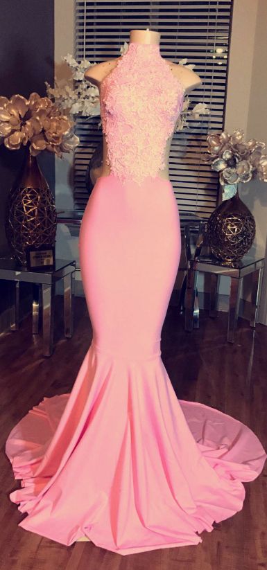 Pink Mermaid Prom Dresses High Neck Sleeveless Elegant Evening Gowns ...