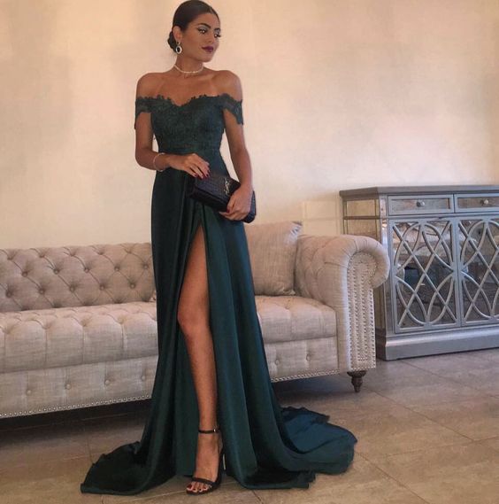 A Line Navy Green Chiffon Prom Dress, High Split Side Slit Lace Top Party Gown,sexy Prom Dresses M0392