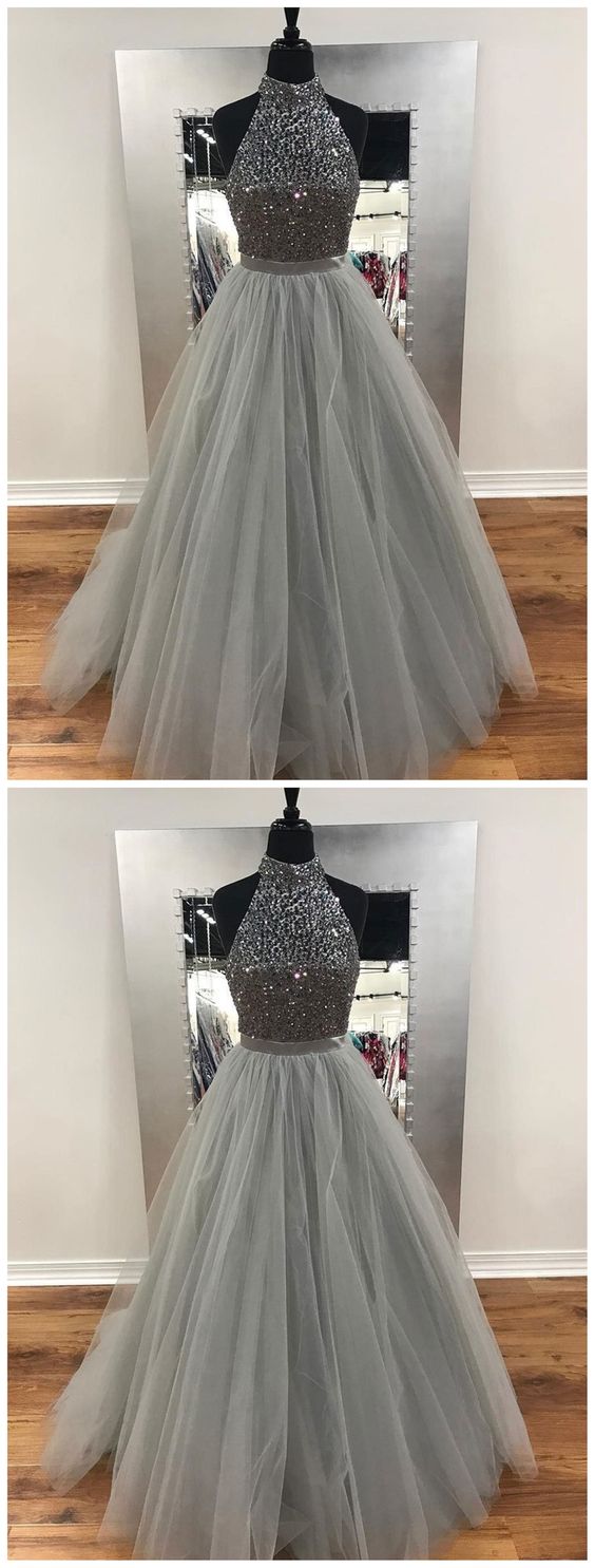 Grey Satin Beaded Long Party Dress with Bow, Grey A-line Prom Dress main image 1