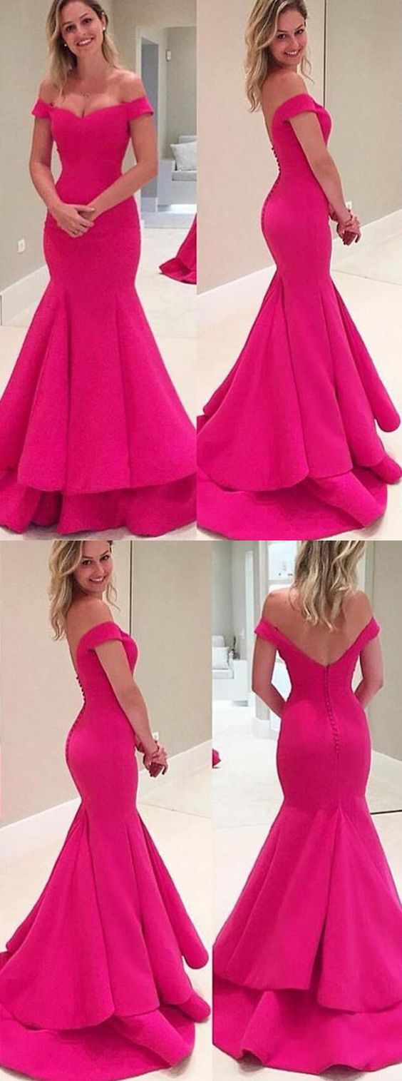 Mermaid Off-the-shoulder Sweep Train Tiered Fuchsia Prom Dress With Ruffled M0436