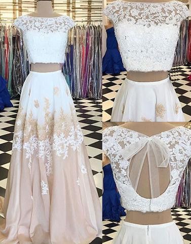 White Two Pieces Lace Long Prom Dress,cap Sleeves Evening Dress M0437