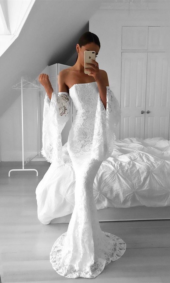 White Strapless Off-shoulder Lace Mermaid Long Wedding Dress With Bell Sleeves