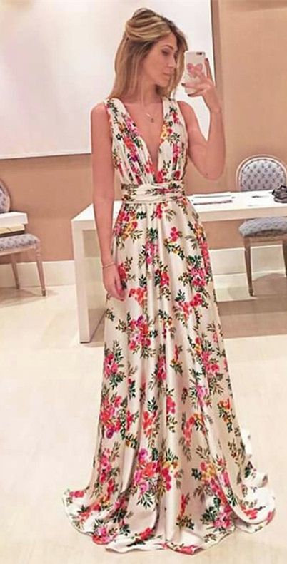 A-line Deep V-neck Long Ivory Floral Satin Prom Dress With Pleats, M0457